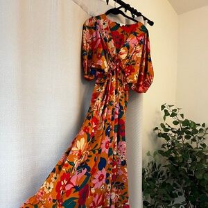 Orange Floral Satin Deep V-Neck Puff Sleeve Maternity Maxi Dress